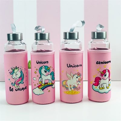 Unicorn Tasarımlı Kılıflı Cam Matara
