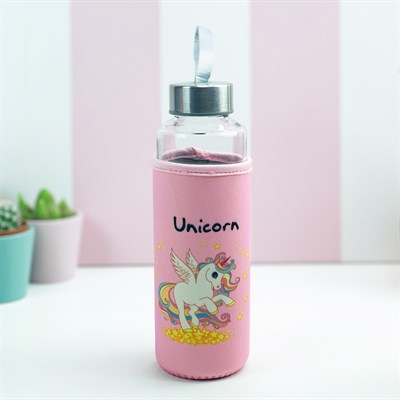Unicorn Tasarımlı Kılıflı Cam Matara