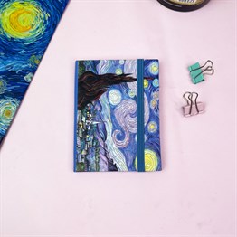 Van Gogh Yıldızlı Gece Tasarımlı Sert Kapaklı Lastikli Mini Defter