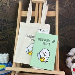 Yaşıyosun Bu Hayatı Tasarımlı Kalın Kitap Görünümlü Defter Ve Bez Çanta