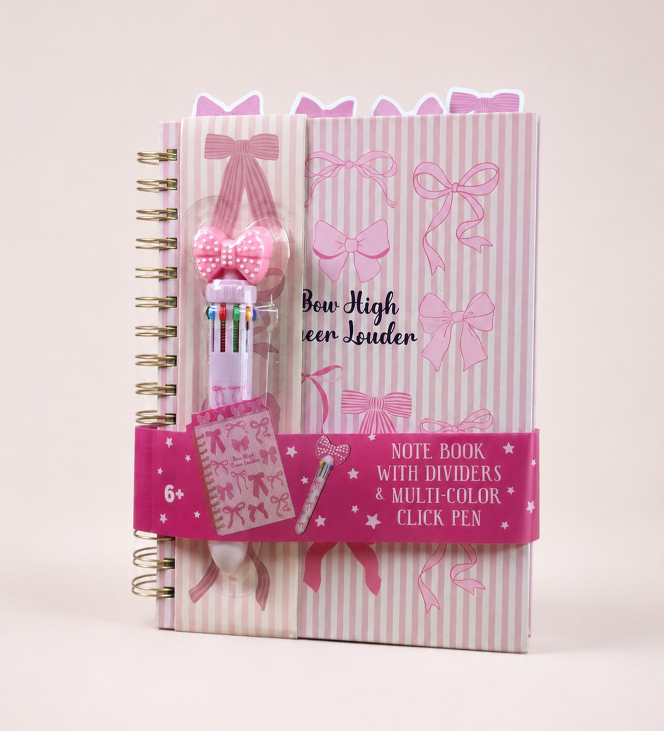 2569 18*22 cm. 4 Bölmeli 100 yaprak Kurdela Tasarımlı Çizgili defter ve 10 renk Tükenmez Kalem Set 