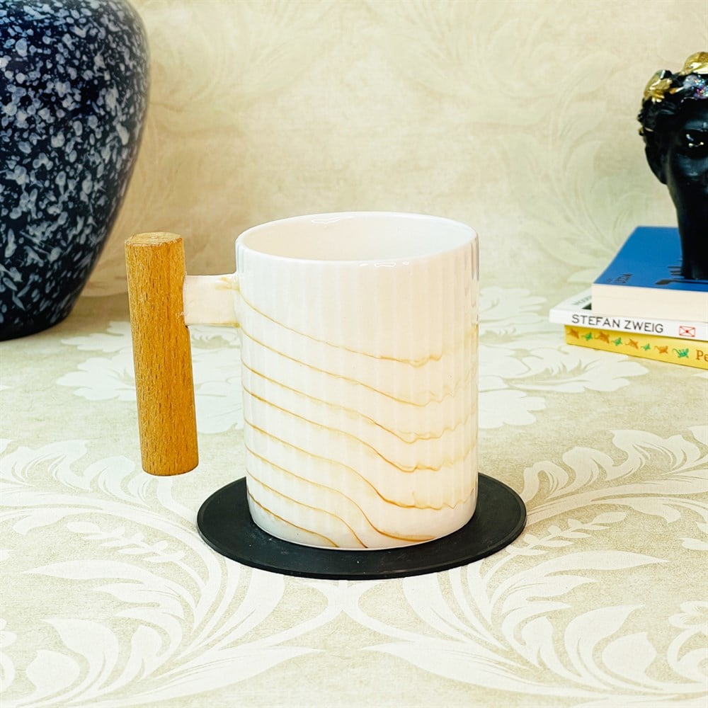 Ahşap Kulplu Gold Ebruli Seramik Kupa