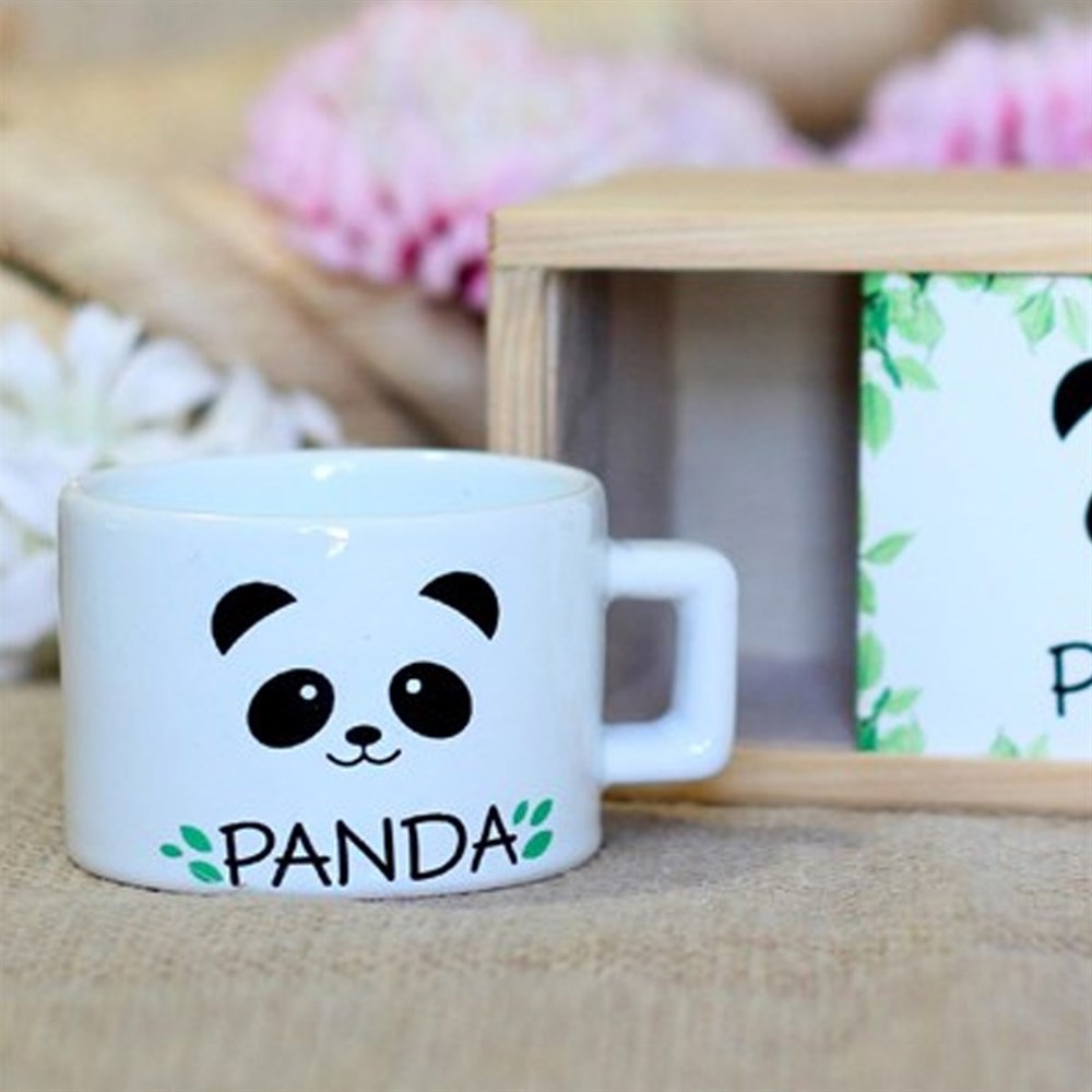 Ahşap Kutusunda Sevimli Panda Kupa Bardak