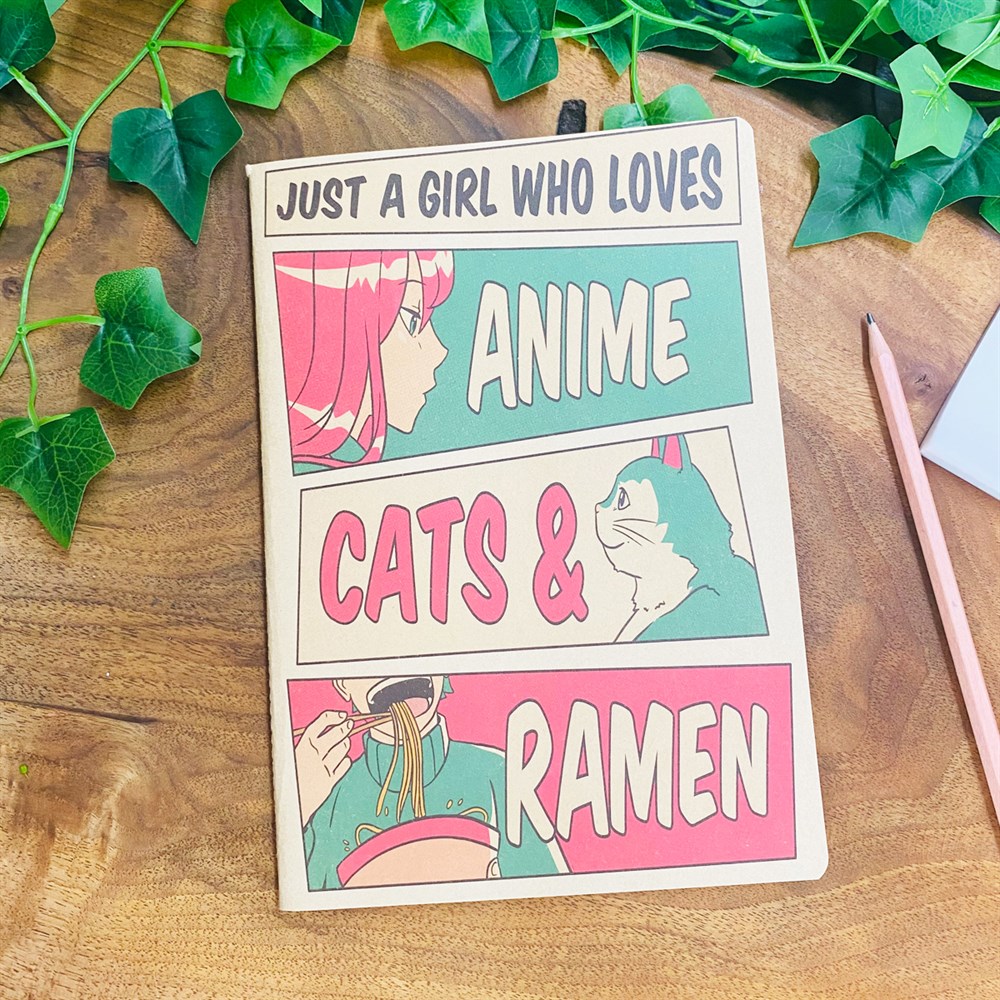 Anime Cats & Ramen Tasarımlı Çizgili Spiralli Defter
