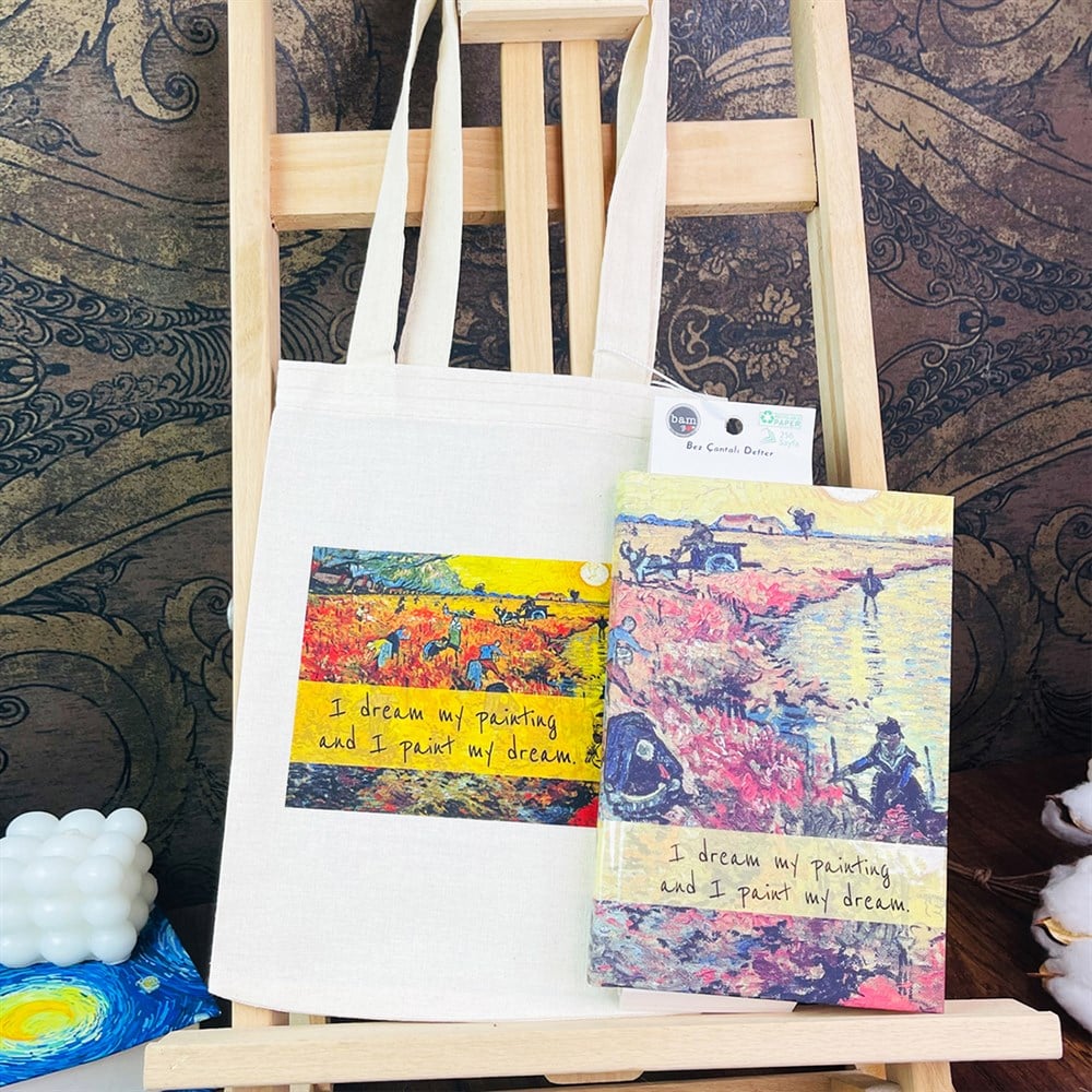 Arles'te Kırmızı Bağ Tasarımlı Kalın Kitap Görünümlü Defter Ve Bez Çanta
