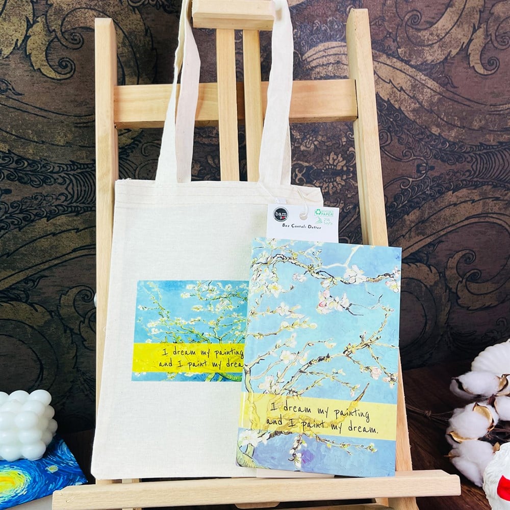 Badem Çiçeği Tasarımlı Kalın Kitap Görünümlü Defter Ve Bez Çanta