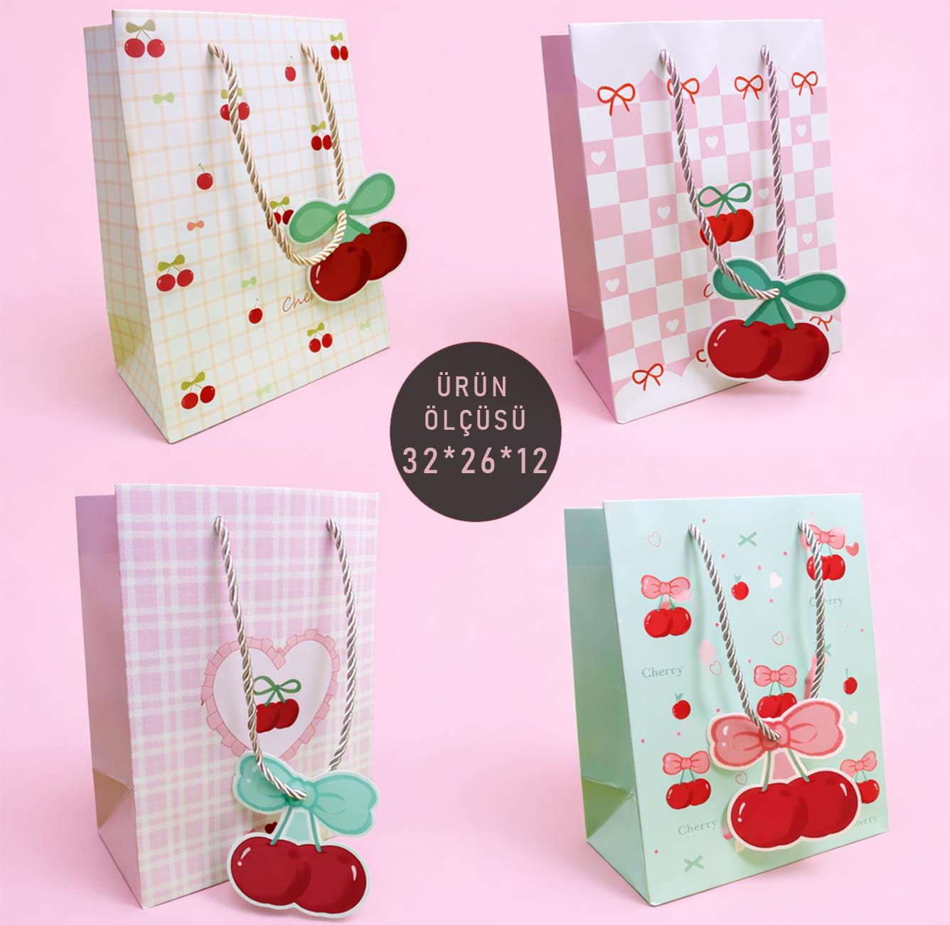 Bam 2104 Kiraz Tasarımlı Karton Çanta 32x26x12 cm