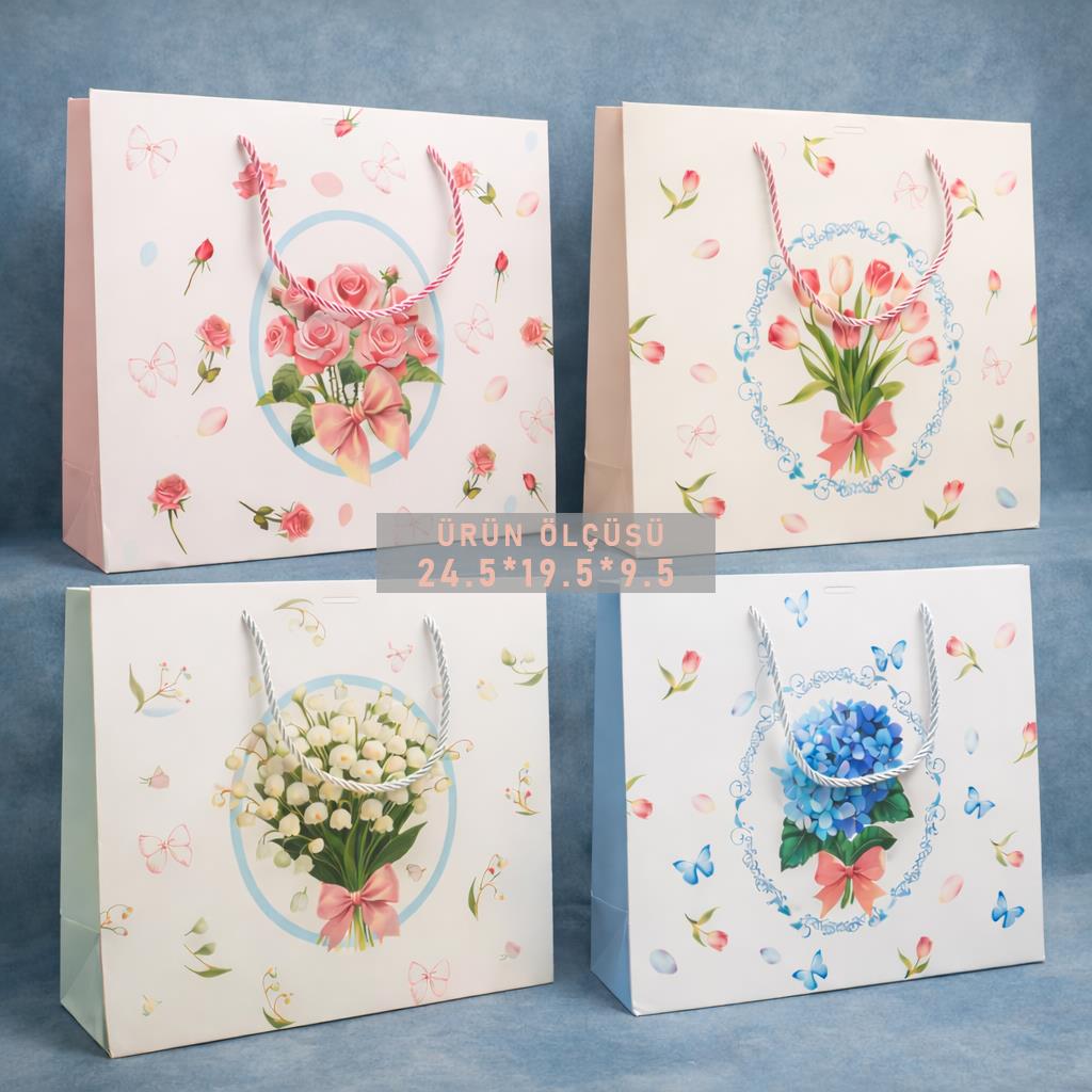 BAM 2106 Çiçek Buketi Desenli Karton Çanta 24,5x19,5x9,5  x12