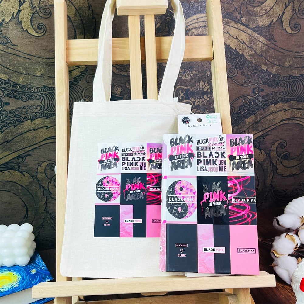 Black Pink Tasarımlı Kalın Kitap Görünümlü Defter Ve Bez Çanta