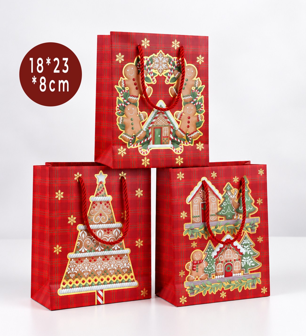 BM-2641 18 x 23 x 8 Cm Simli Yılbaşı Tasarımlı Karton Çanta x 12