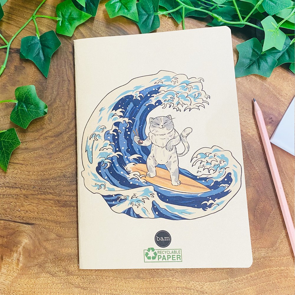 Dalga Kedi Art Tasarımlı Çizgili Spiralli Defter