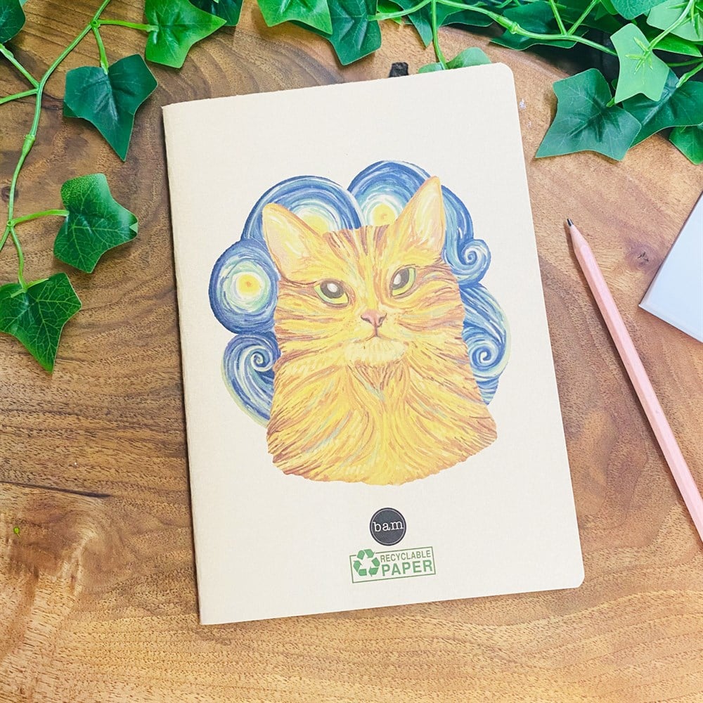 Dalga Sarı Kedi Art Tasarımlı Geri Dönüşümlü Kraft Defter
