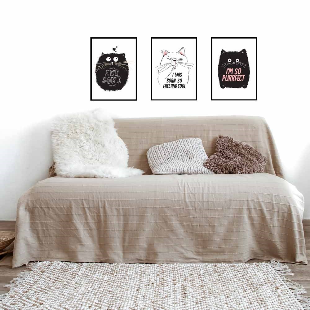 Kara Kedi Motto Tasarım Duvar Panosu 3'lü Set 22X30 cm
