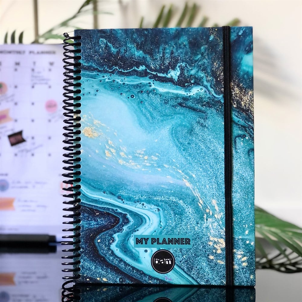 Mavi Ebruli Tasarımlı Sert Kapaklı Lastikli Sprelli Tarihsiz Akademik Haftalık Planlayıcı