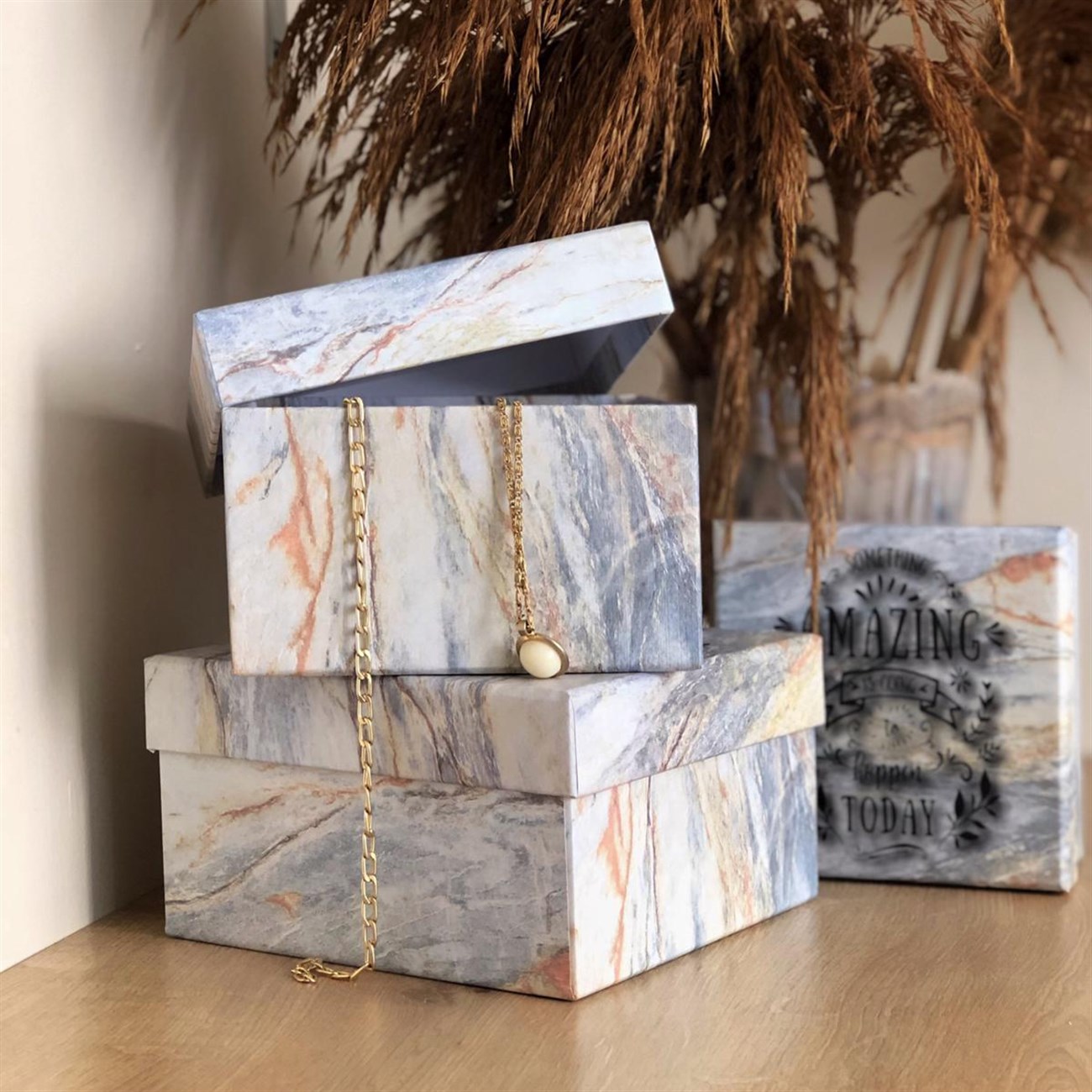 Mermer Mottolu Tasarım 3'lü Kutu