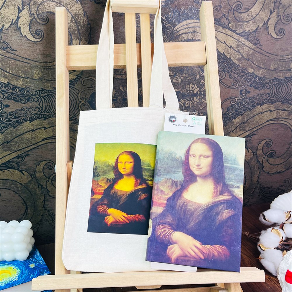 Mona Lisa Tasarımlı Kalın Kitap Görünümlü Defter Ve Bez Çanta