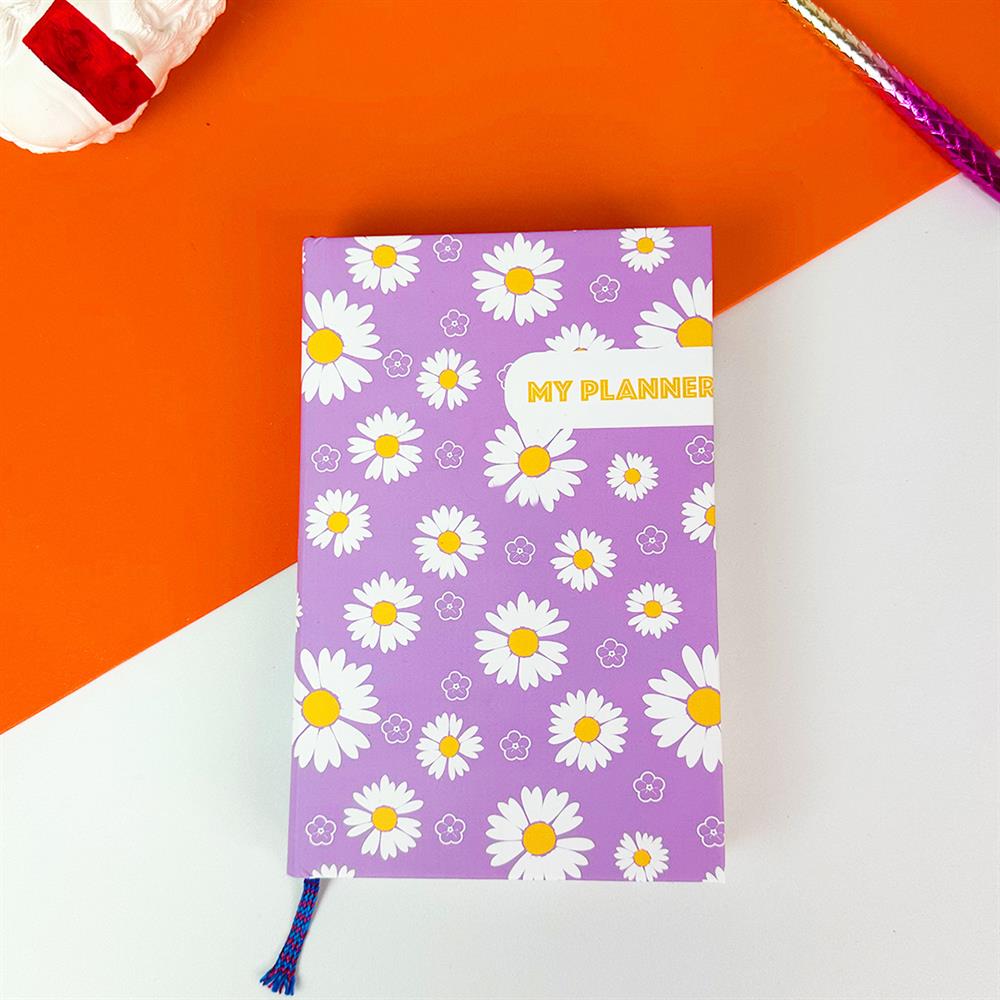 Mor Papatya Tasarımlı Kalın Kitap Görünümlü Defter