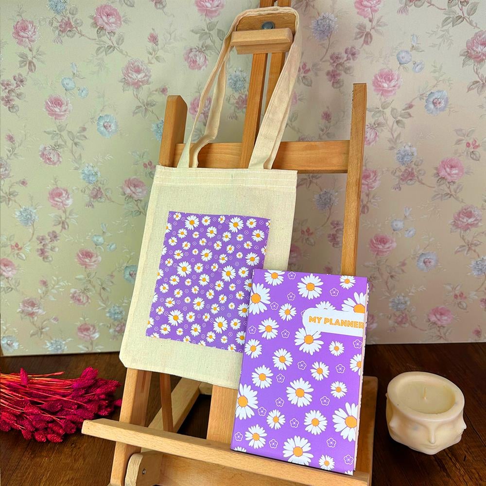Mor Papatya Tasarımlı Kalın Kitap Görünümlü Defter Ve Bez Çanta