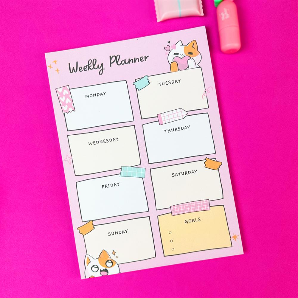 Sevimli Kedi Tasarımlı Klavye Önü Haftalık Planlayıcı