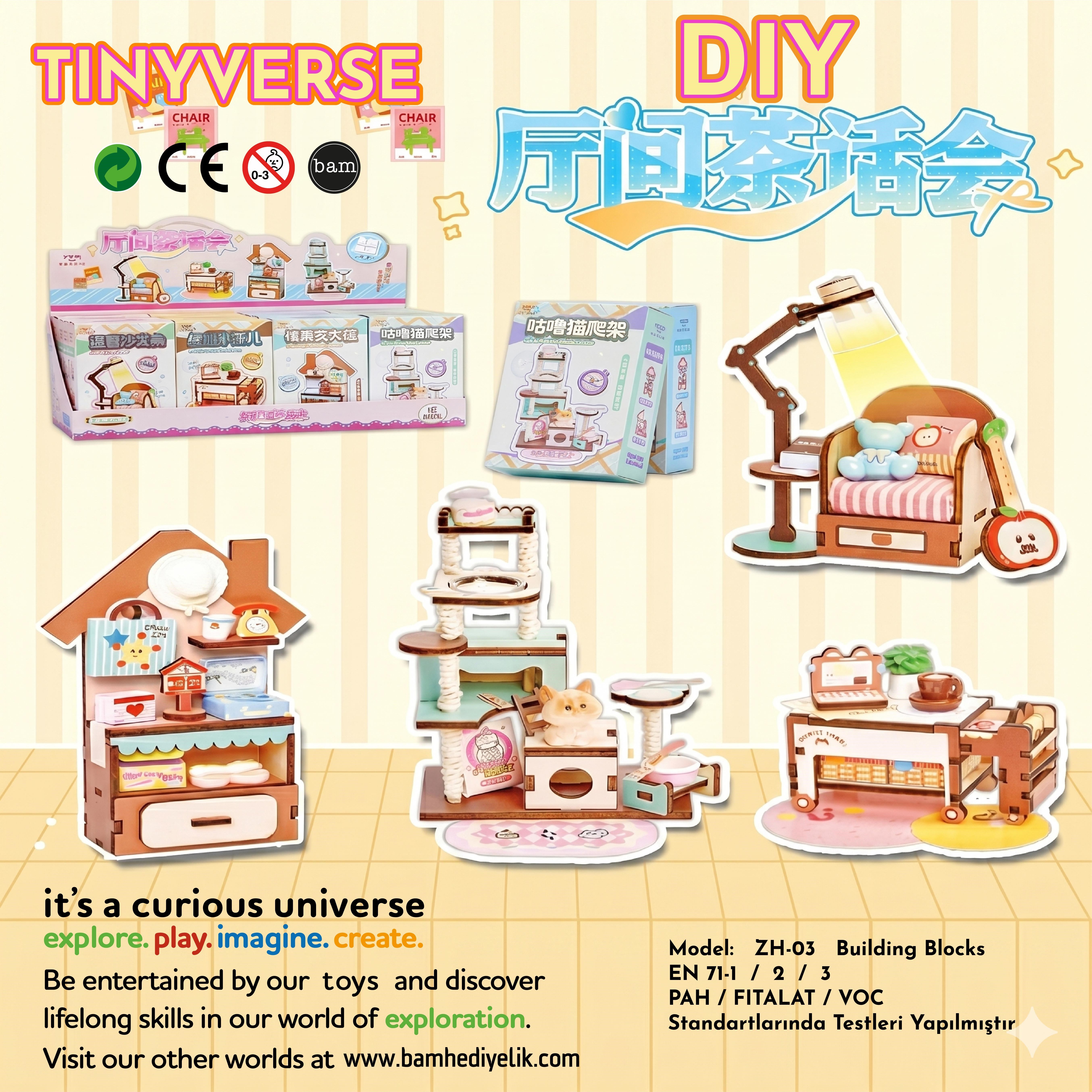 Tinyverse Sevimli Ev Köşeleri ve Kedi Oyun Alanı- Kendin Yap (DIY) Minyatür Seti (Model: ZH03) X16