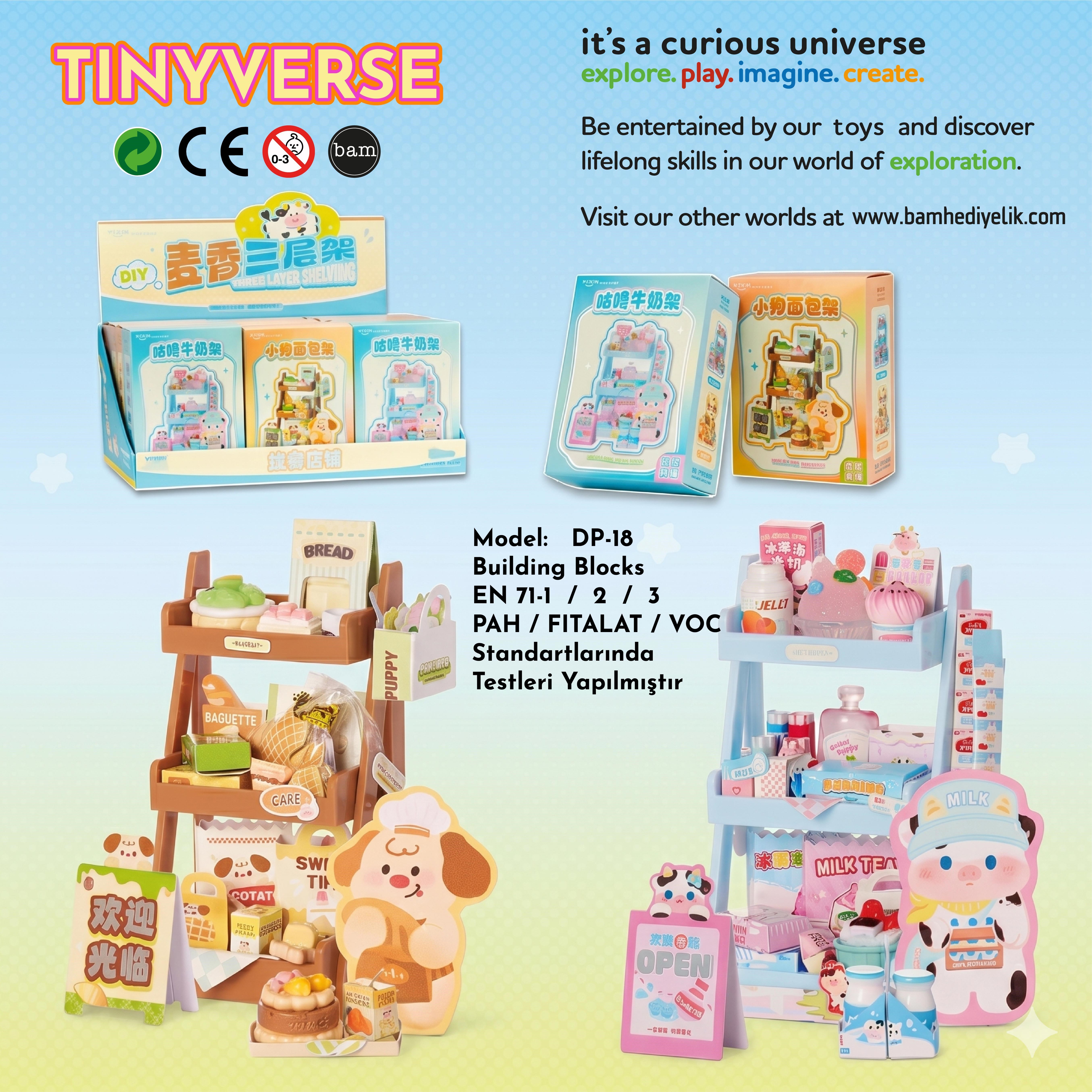 Tinyverse Üç Katlı Raf Standı - Kendin Yap (DIY) Minyatür Seti (Model: DP-18) X12
