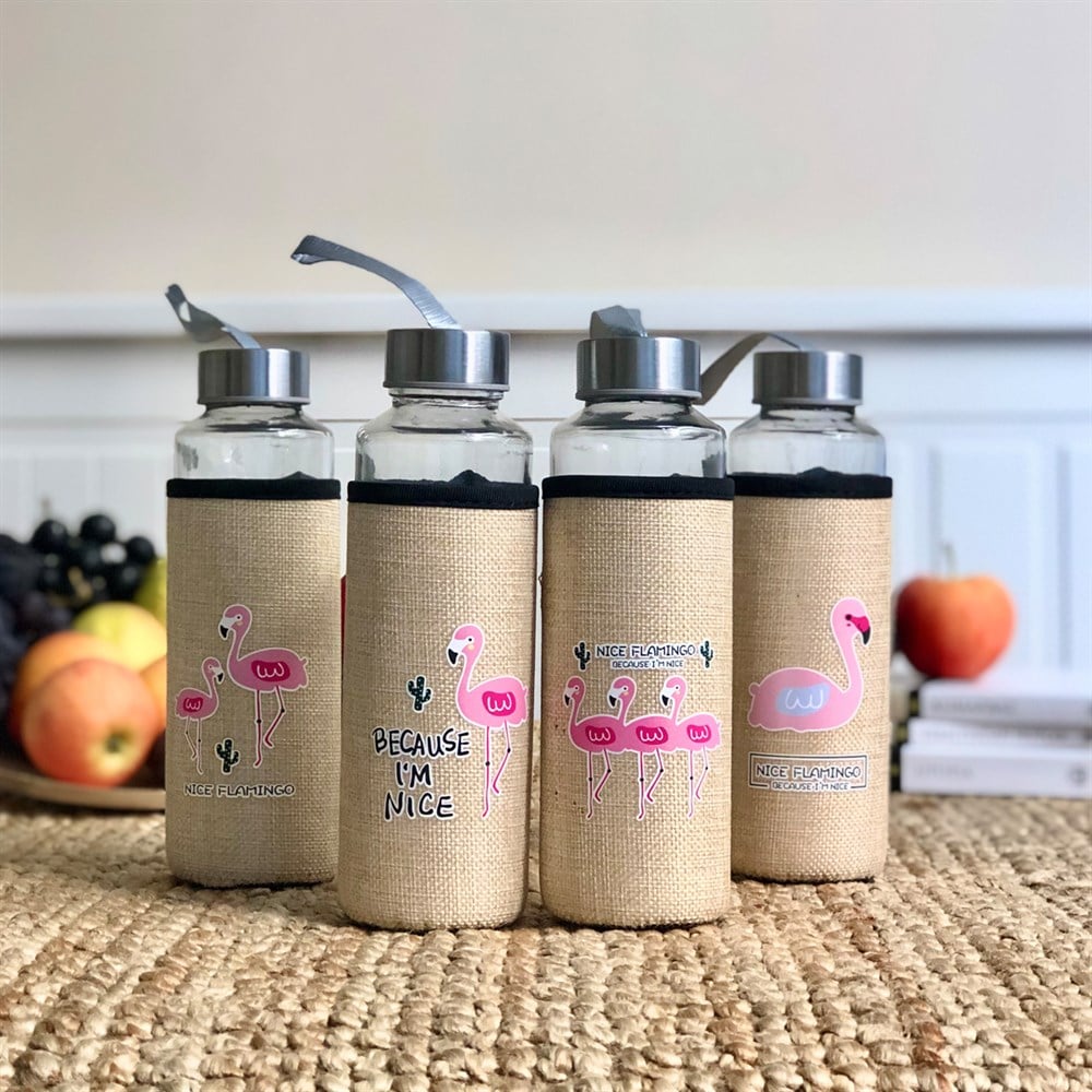 Flamingo Kılıflı 400 Ml Cam Matara