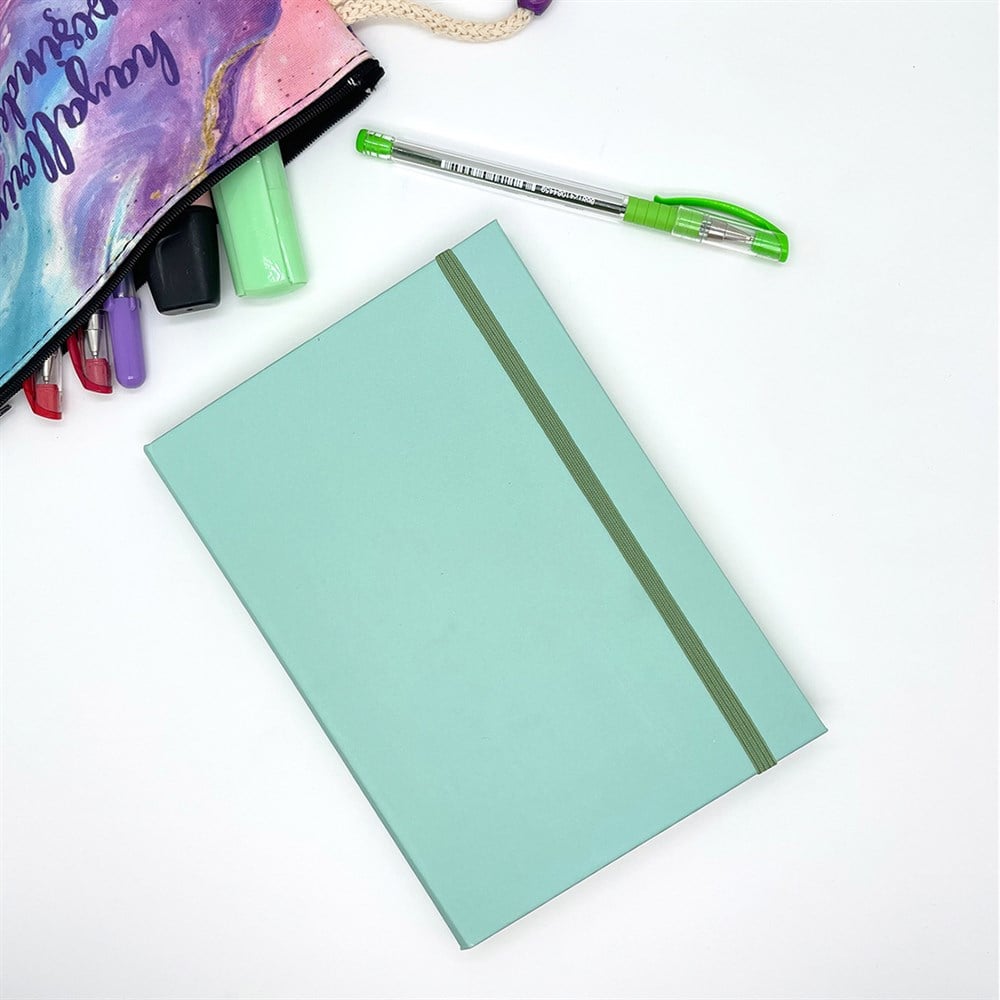 UV Baskıya Uygun Düz Su Yeşili Tasarımlı Lastikli Defter 