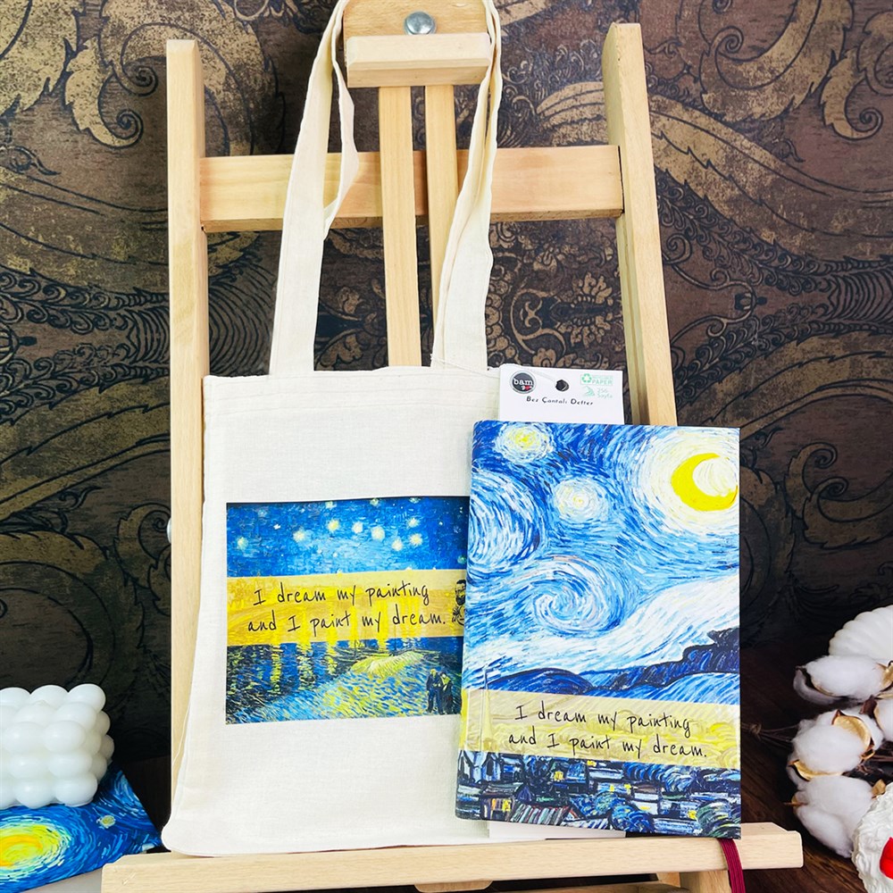 Van Gogh Yıldızlı Gece Tasarımlı Kalın Kitap Görünümlü Defter Ve Bez Çanta