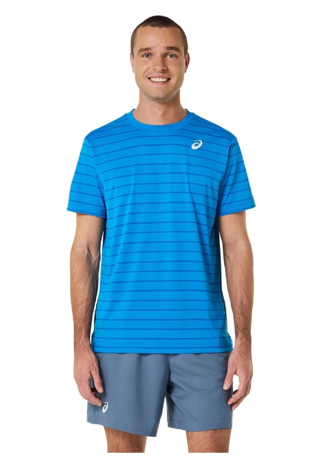 Asics Asics Court Stripe SS Top Erkek Mavi Tenis Tişört
