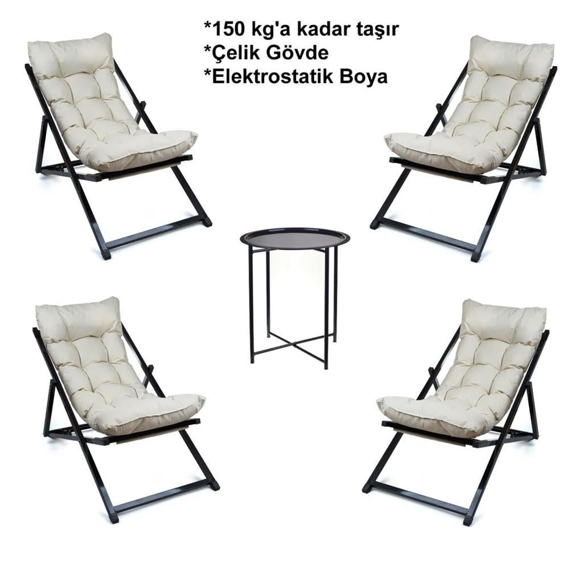 Minderli - Sattet Şezlong Seti Bahçe&balkon&teras&plaj Katlanır Ikili Set -4 Şezlong 1 Sehpa