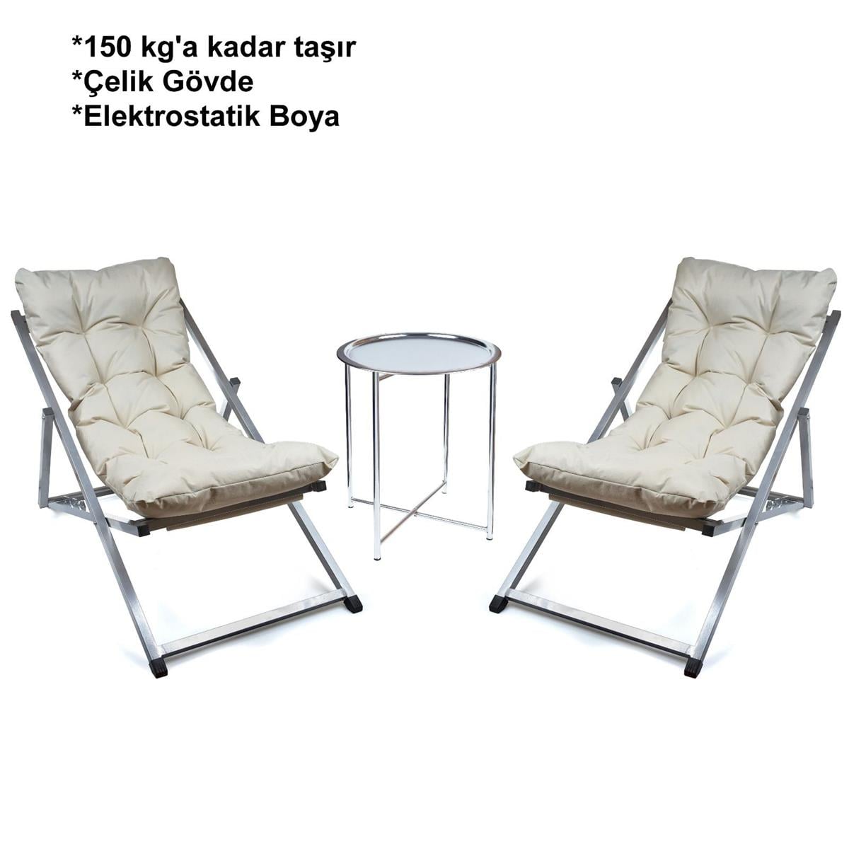 Minderli - Zeta Şezlong Seti Bahçe&balkon&teras&plaj Katlanır Ikili Set - 2 Şezlong 1 Sehpa