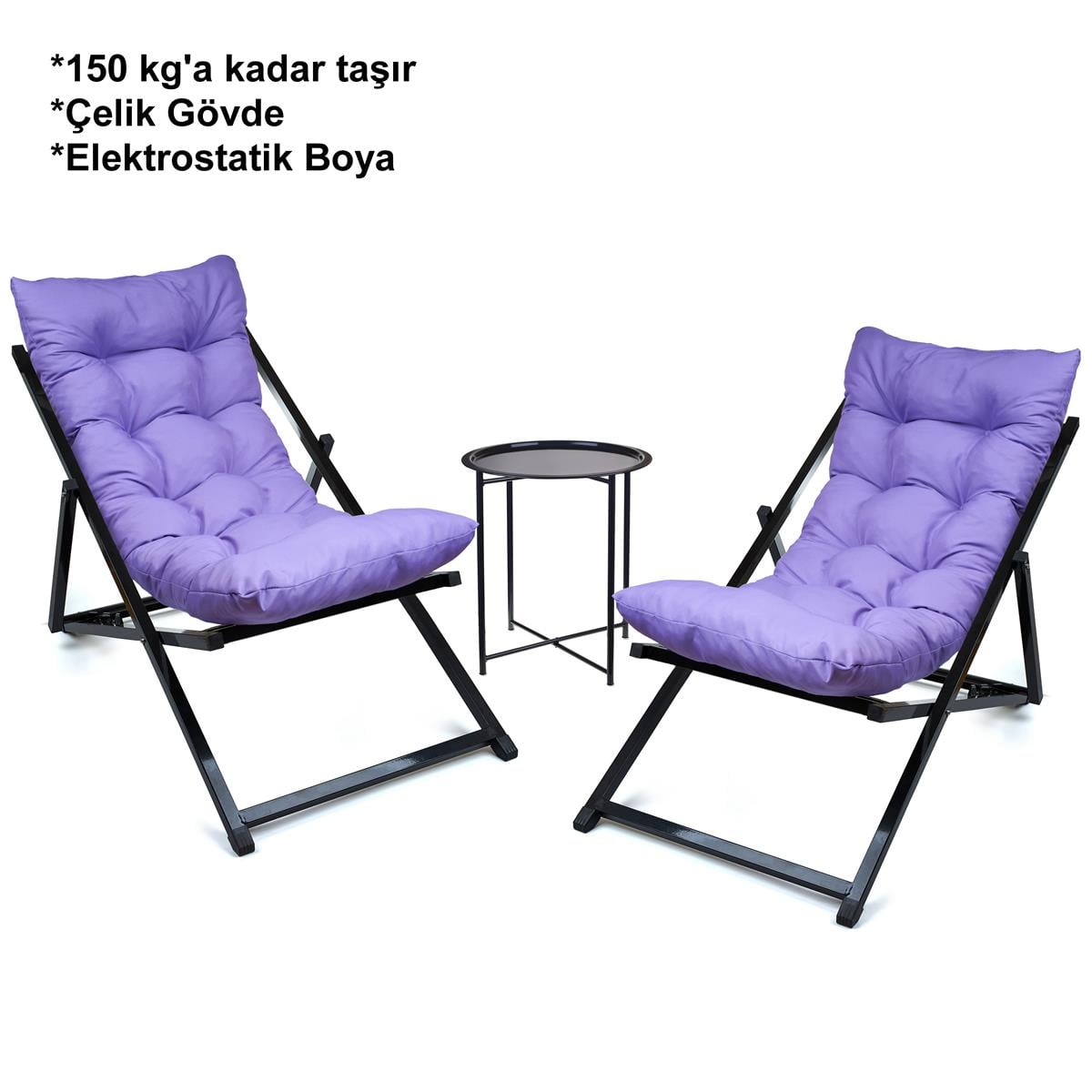 Minderli - Zeta Şezlong Seti Bahçe&balkon&teras&plaj Katlanır Ikili Set - 2 Şezlong 1 Sehpa Renkli 