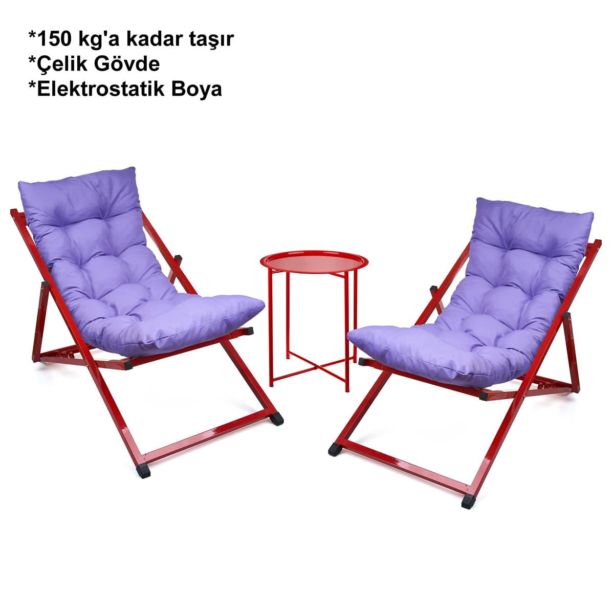 Minderli - Zeta Şezlong Seti Bahçe&balkon&teras&plaj Katlanır Ikili Set - 2 Şezlong 1 Sehpa Renkli 