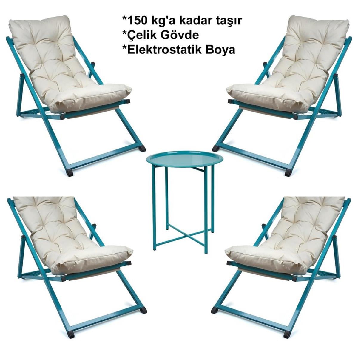Minderli - Zettr Şezlong Seti Bahçe&balkon&teras&plaj Katlanır Ikili Set -4 Şezlong 1 Sehpa