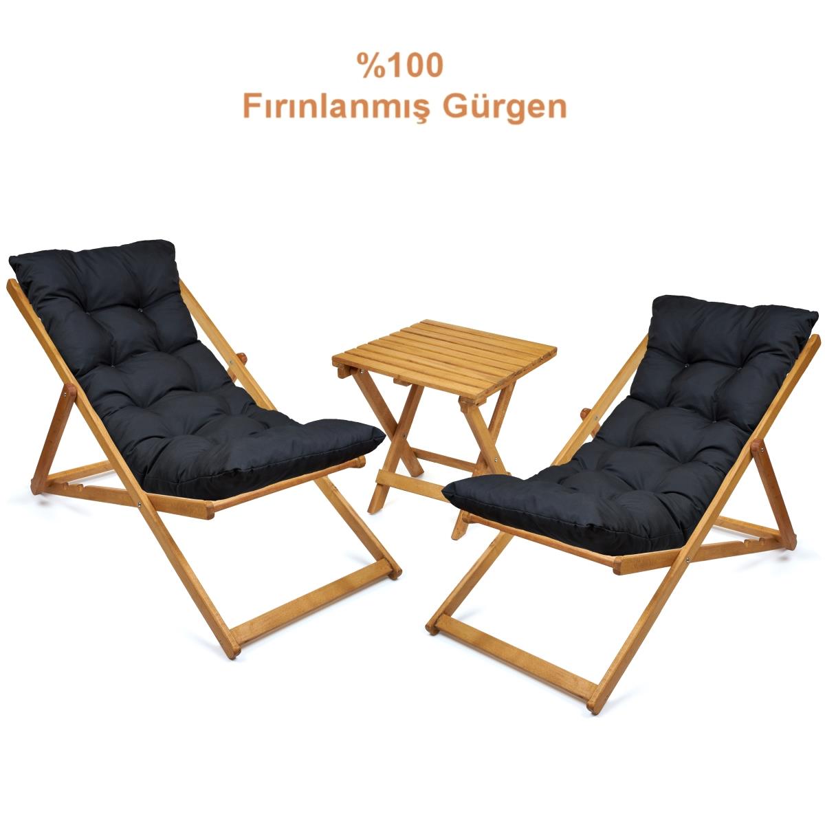 Ahşap Minderli Şezlong Seti Bahçe & Balkon & Teras & Plaj (katlanır Ikili Set - 2 Şezlong + 1 Sehpa)