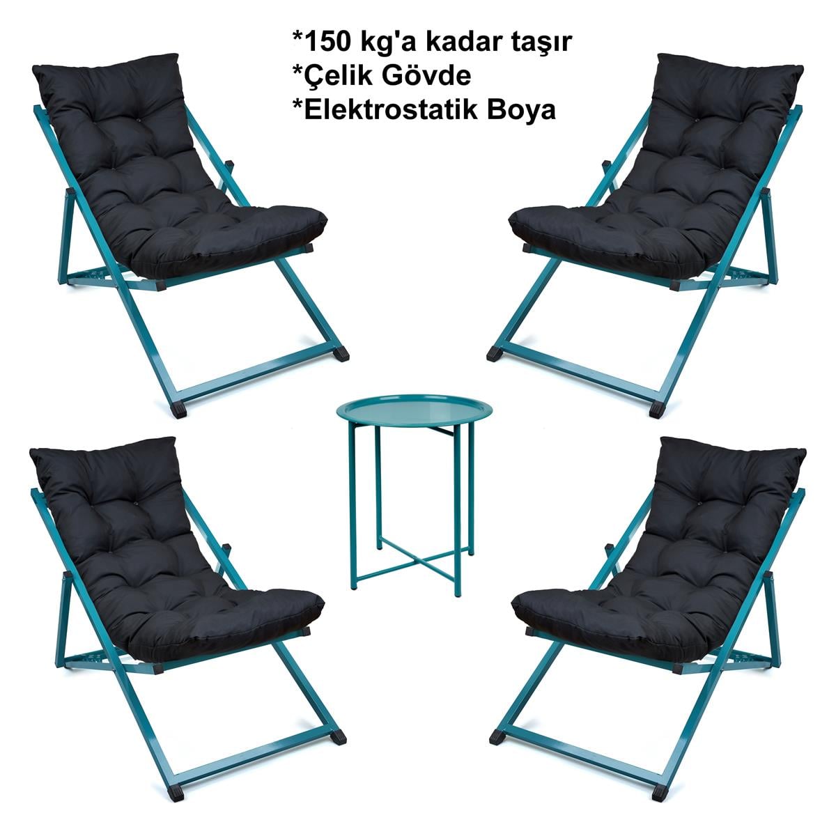Minderli - Batta  Şezlong Seti Bahçe&balkon&teras&plaj Katlanır Ikili Set -4 Şezlong 1 Sehpa