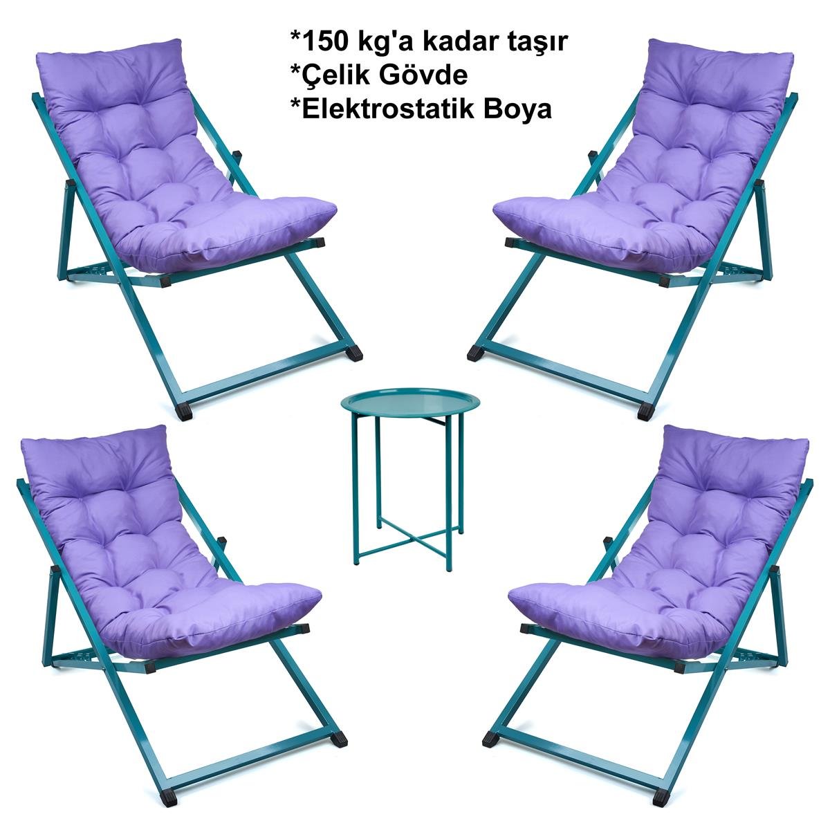 Minderli - Kattra  Şezlong Seti Bahçe&balkon&teras&plaj Katlanır Ikili Set -4 Şezlong 1 Sehpa