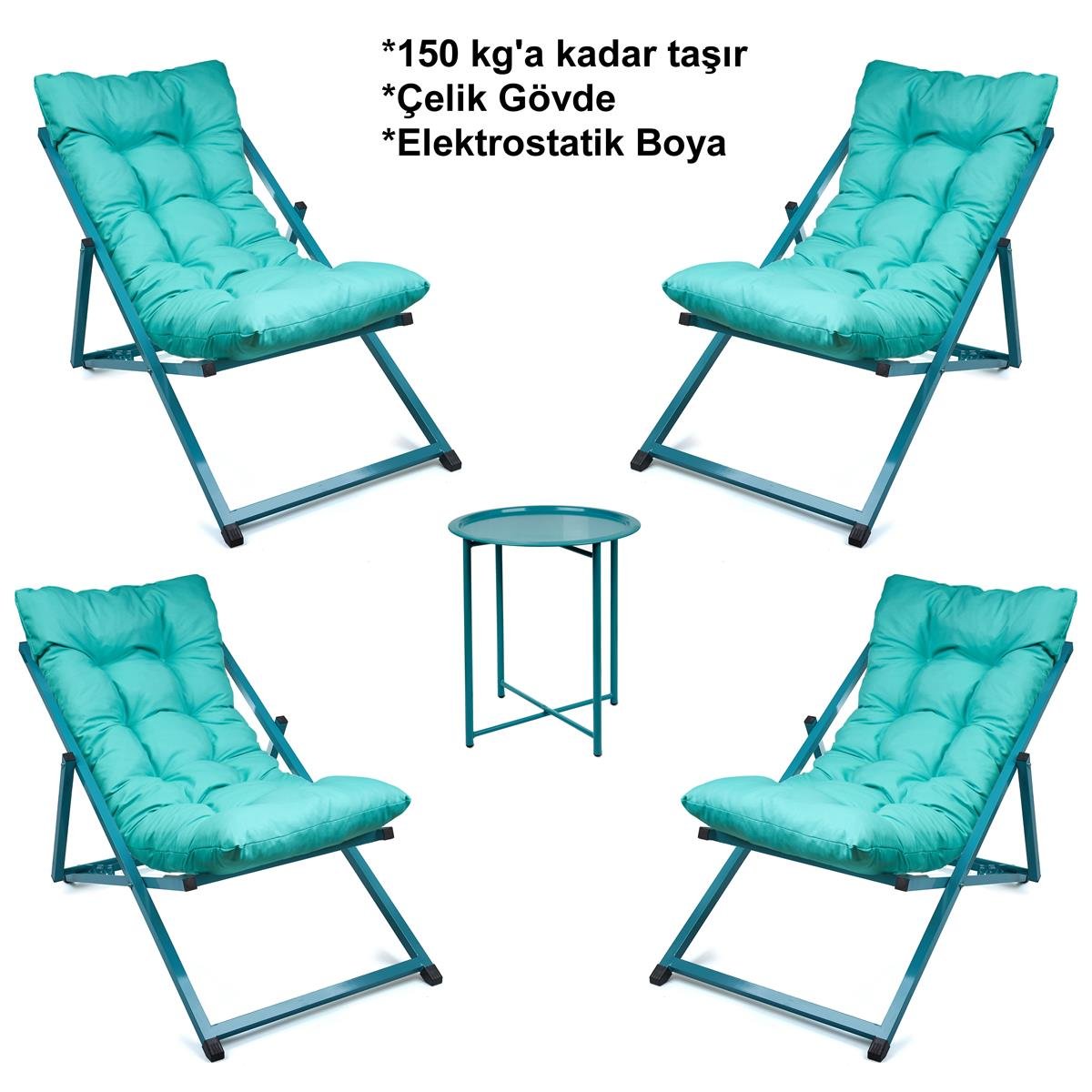 Minderli - Mattras Şezlong Seti Bahçe&balkon&teras&plaj Katlanır Ikili Set -4 Şezlong 1 Sehpa