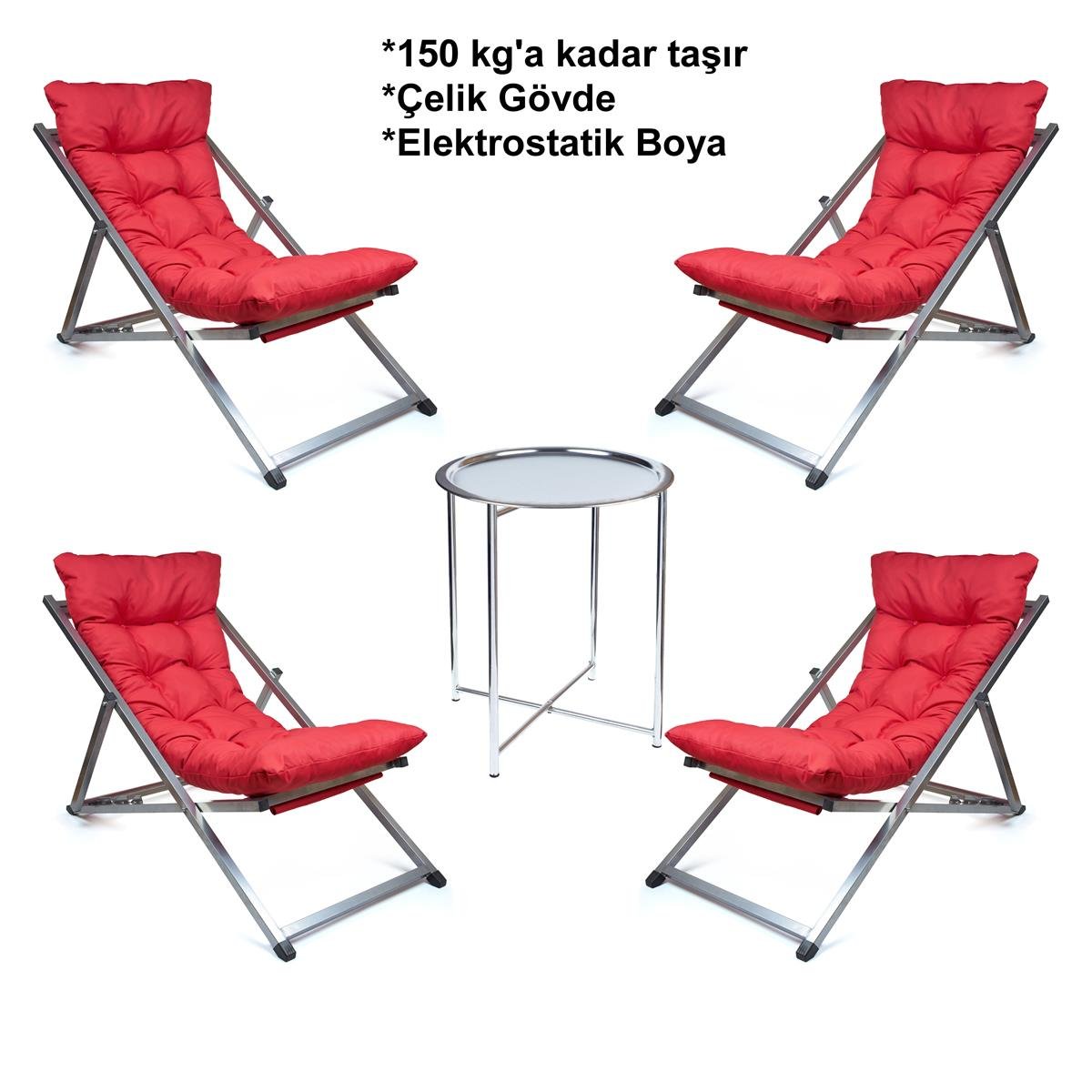 Minderli - Minva Şezlong Seti Bahçe&balkon&teras&plaj Katlanır Ikili Set -4 Şezlong 1 Sehpa