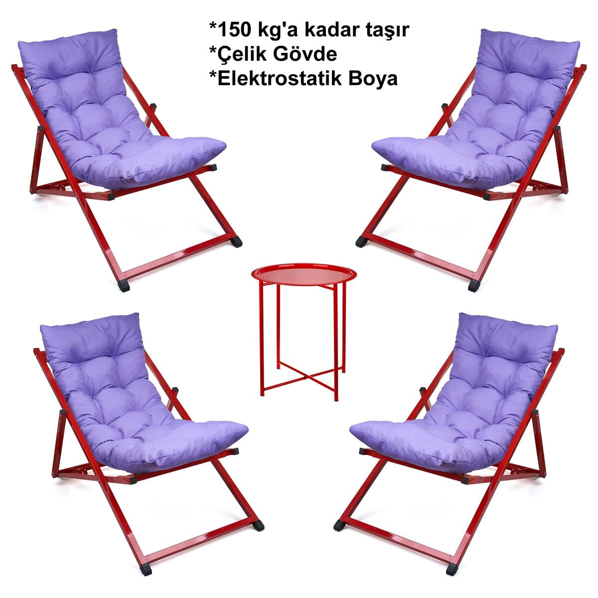 Minderli - Minvaa Şezlong Seti Bahçe&balkon&teras&plaj Katlanır Ikili Set -4 Şezlong 1 Sehpa