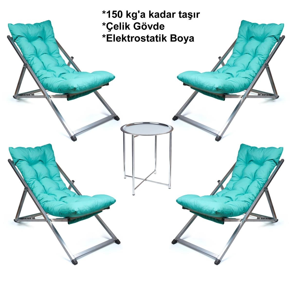 Minderli - Mistra  Şezlong Seti Bahçe&balkon&teras&plaj Katlanır Ikili Set -4 Şezlong 1 Sehpa