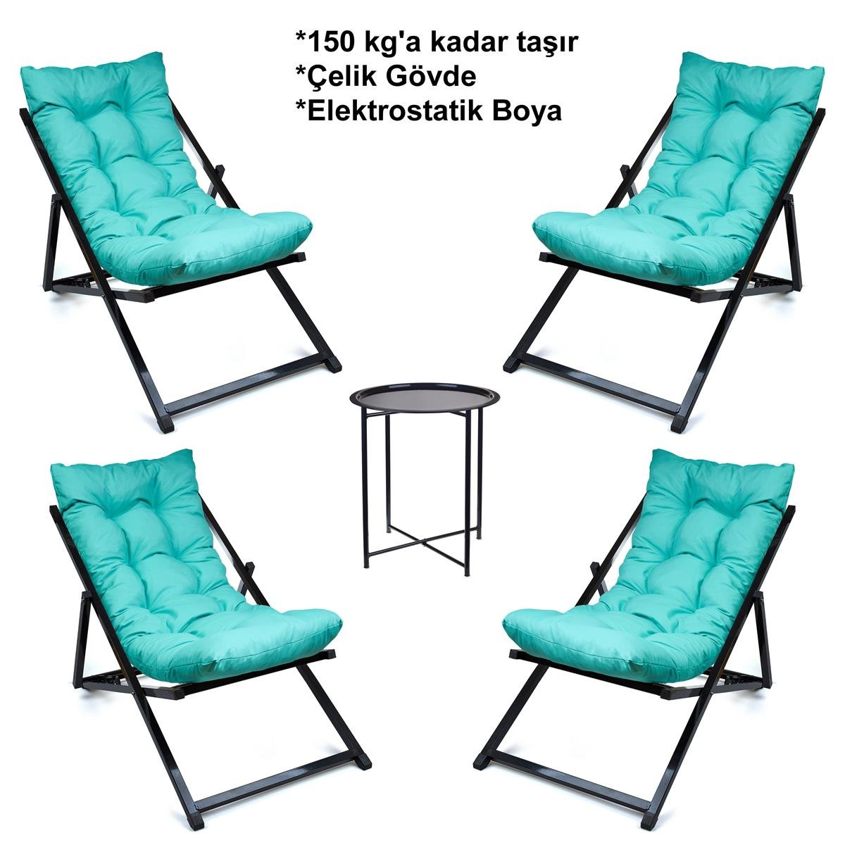 Minderli - Relax  Şezlong Seti Bahçe&balkon&teras&plaj Katlanır Ikili Set -4 Şezlong 1 Sehpa