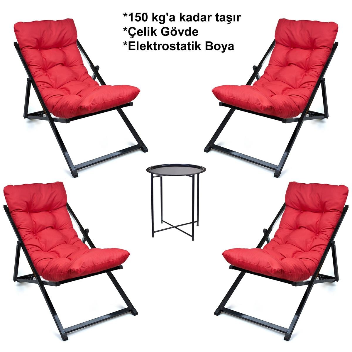 Minderli - Tattas  Şezlong Seti Bahçe&balkon&teras&plaj Katlanır Ikili Set -4 Şezlong 1 Sehpa