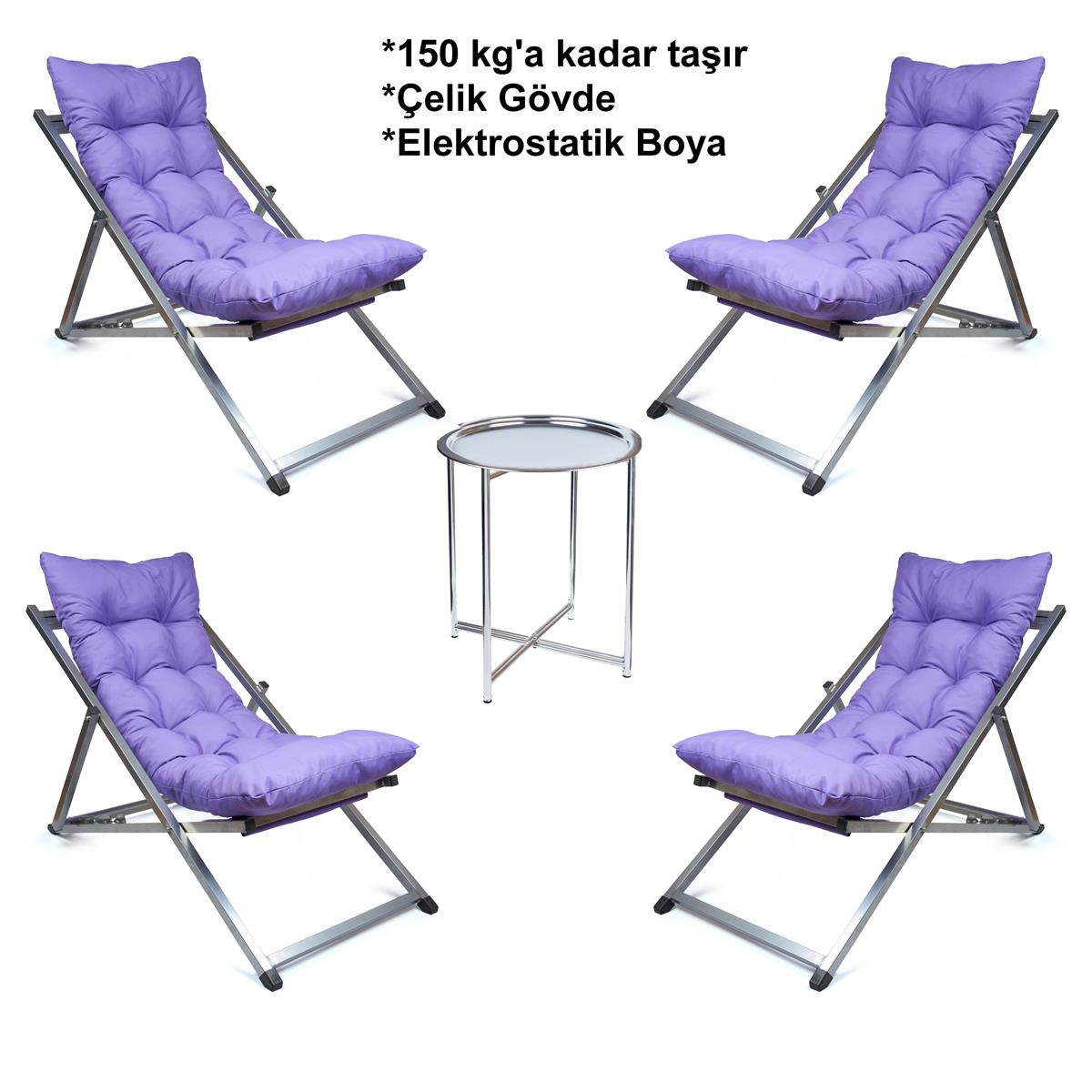 Minderli - Tera Şezlong Seti Bahçe&balkon&teras&plaj Katlanır Ikili Set -4 Şezlong 1 Sehpa