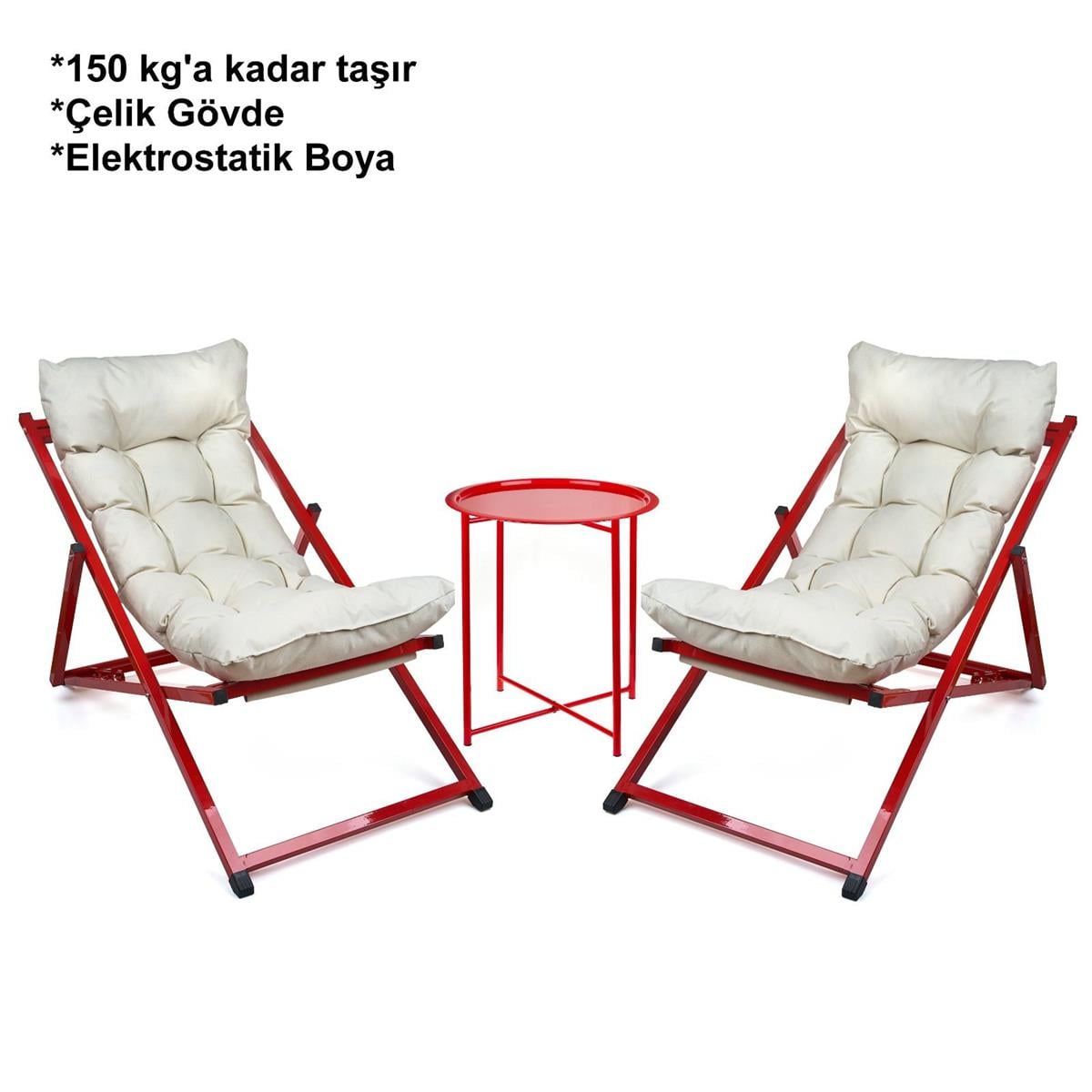 Minderli - Zeta Şezlong Seti Bahçe&balkon&teras&plaj Katlanır Ikili Set - 2 Şezlong 1 Sehpa