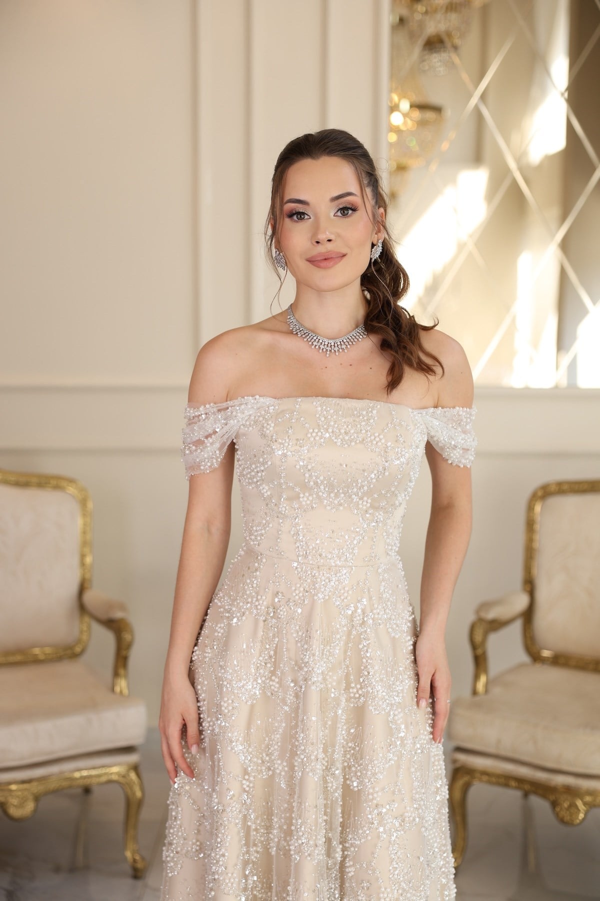 Alisa Prenses Beyaz Dantel Nikah Nişan Söz Elbisesi