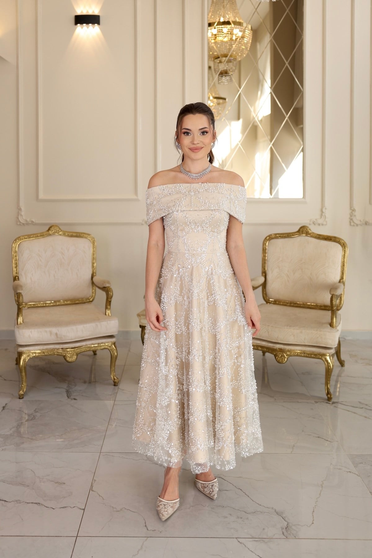 Alisa Prenses Beyaz Dantel Nikah Nişan Söz Elbisesi