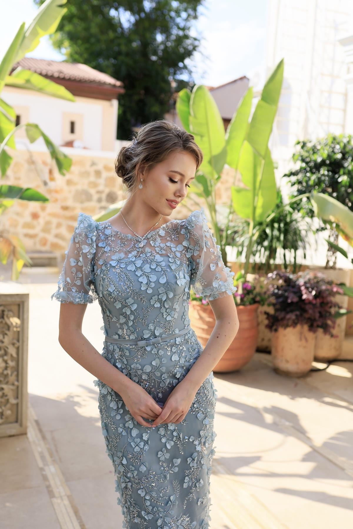 Anastasia Yeşil Dantel Balon Kol Kalem Özel Tasarım Nişan Abiye Elbise