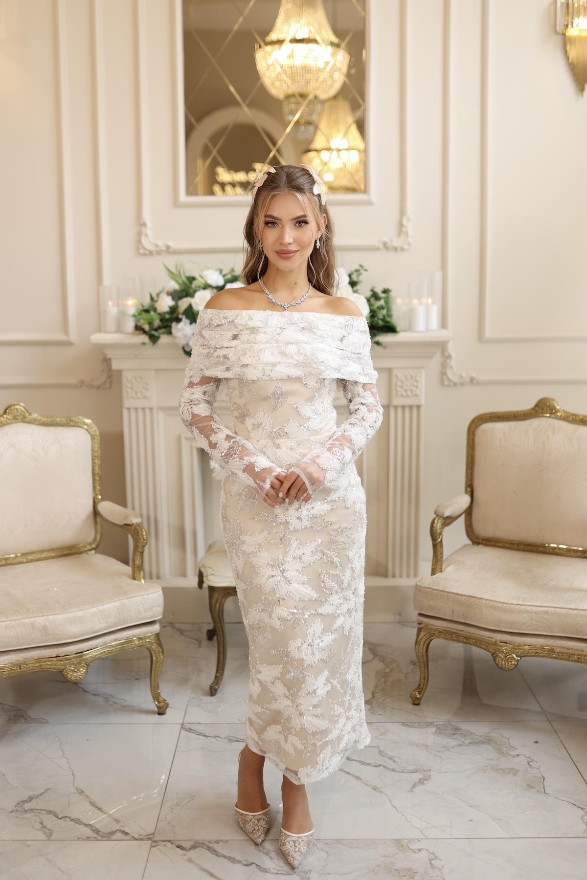 Ares Kalem Pile Dantel Beyaz Çiçekli Özel Tasarım Dantel Nişan Nikah Elbise