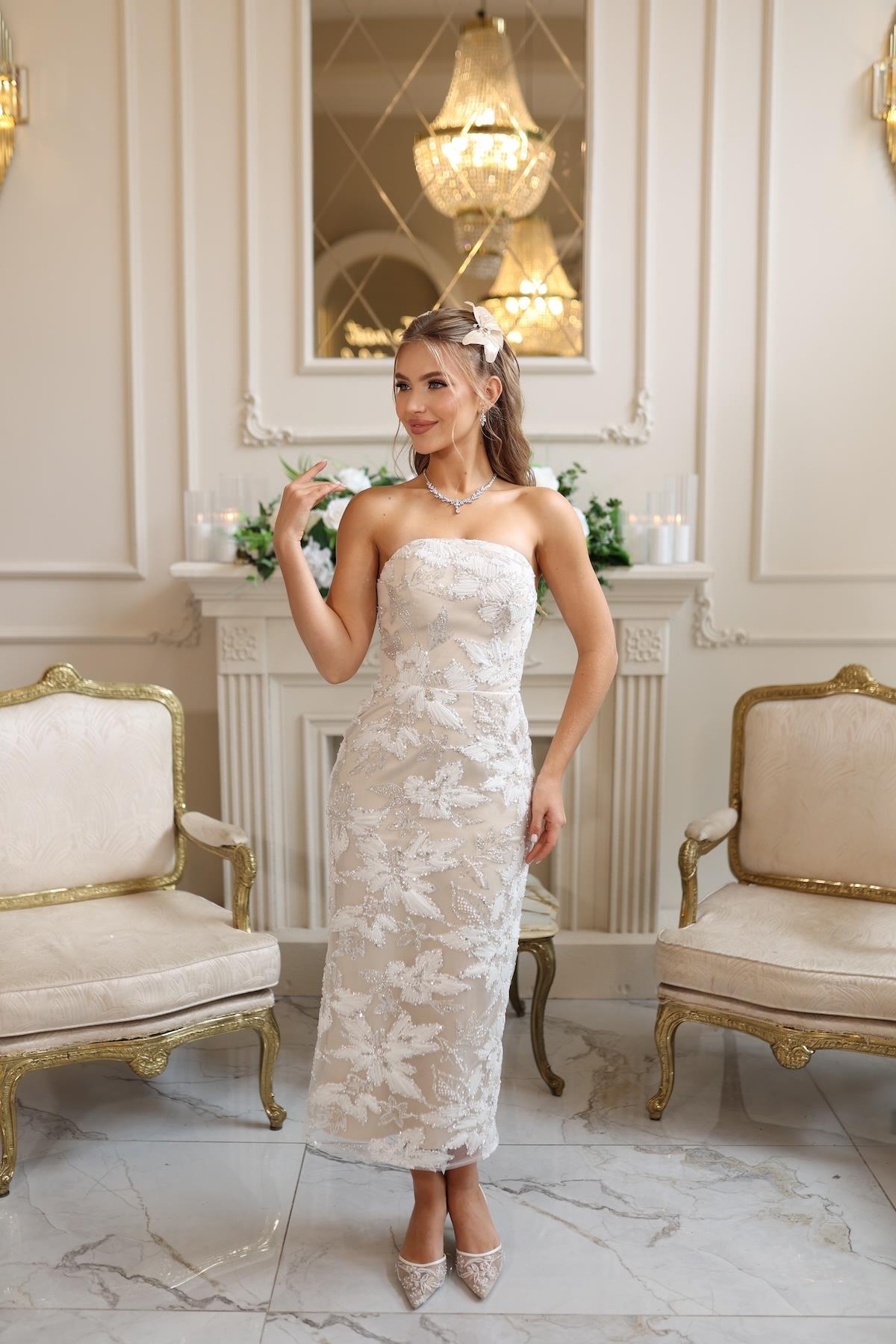 Ares Kalem Pile Dantel Beyaz Çiçekli Özel Tasarım Dantel Nişan Nikah Elbise